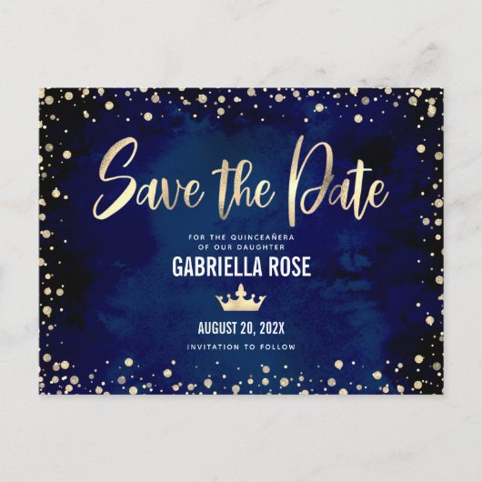 Quinceañera Save the Date Navy Gold Glitter Crown Uitnodiging Briefkaart (Voorkant)