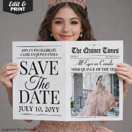 Quinceañera Save the Date Newspaper Photoshoot Kaart