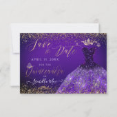 Quinceanera Save the Date Paarse Gliter Gown Kaart (Voorkant)