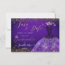 Quinceanera Save the Date Paarse Gliter Gown Kaart