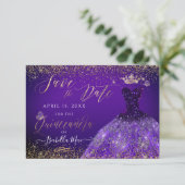 Quinceanera Save the Date Paarse Gliter Gown Kaart (Staand voorkant)