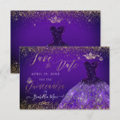 Quinceanera Save the Date Paarse Gliter Gown Kaart (Voorkant / Achterkant)