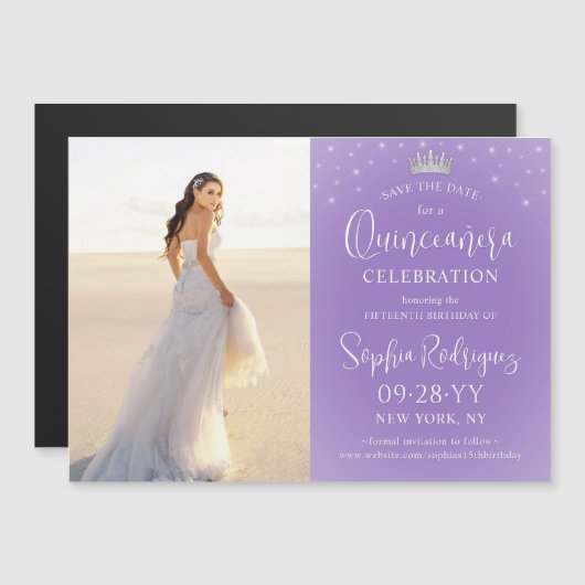 Quinceañera Save the Date Photo Lilac Purple Stars Magnetische Uitnodiging (Voorkant / Achterkant)