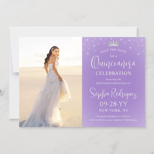 Quinceañera Save the Date Photo Lilac Purple Stars Magnetische Uitnodiging (Voorkant)