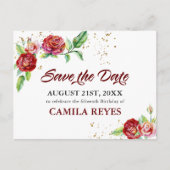 Quinceanera Save the Date Red Roses Waterverf Aankondigingskaart (Voorkant)