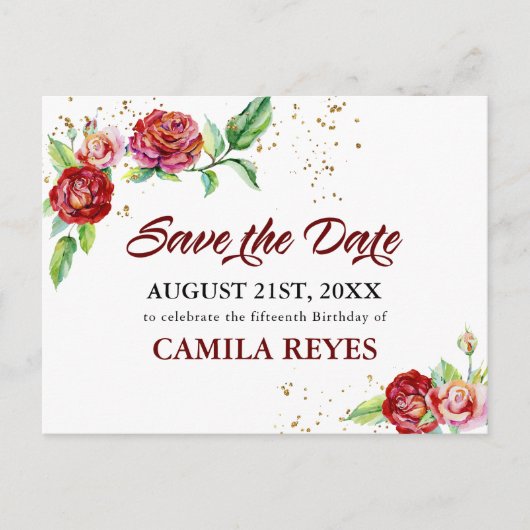 Quinceanera Save the Date Red Roses Waterverf Aankondigingskaart (Voorkant)