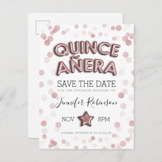 Quinceanera Save the Date Roos Gold Balloons Aankondigingskaart (Voorkant / Achterkant)