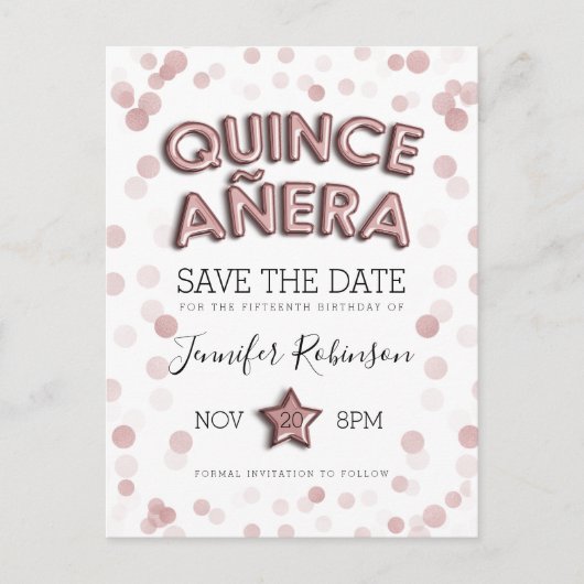 Quinceanera Save the Date Roos Gold Balloons Aankondigingskaart (Voorkant)
