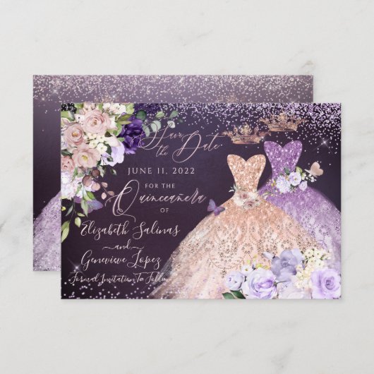 Quinceanera Save the Date Roos Gold Dusty Paars Kaart (Voorkant / Achterkant)