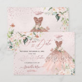 Quinceanera Save the Date Roos Gold Sweet 16 Kaart (Voorkant / Achterkant)