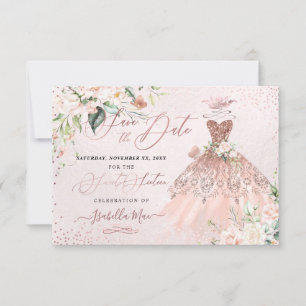 Quinceanera Save the Date Roos Gold Sweet 16 Kaart