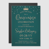 Quinceañera Save the Date Rose Gold Crown & Green Magnetische Uitnodiging (Voorkant / Achterkant)