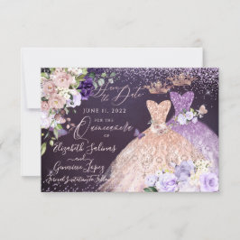 Quinceanera Save the Date Roze Goud Stof Paars Kaart