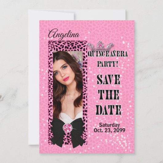 Quinceanera Save the Date Roze Luipaardprint Kaart (Voorkant)