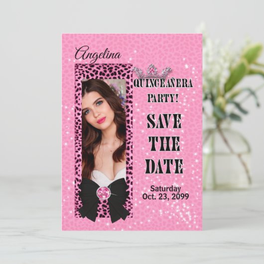 Quinceanera Save the Date Roze Luipaardprint Kaart (Staand voorkant)