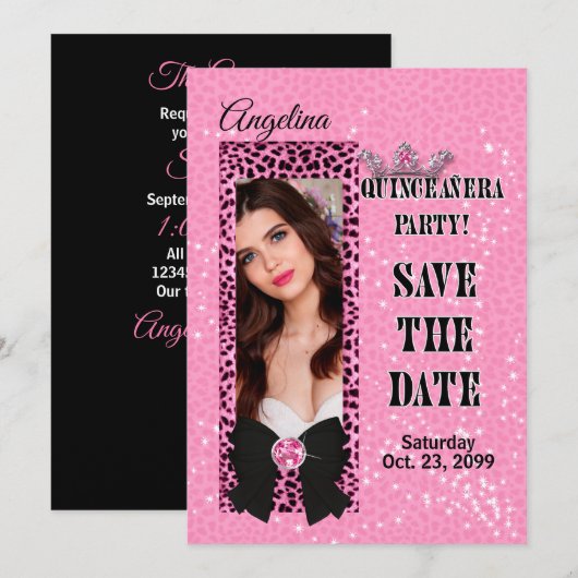 Quinceanera Save the Date Roze Luipaardprint Kaart (Voorkant / Achterkant)