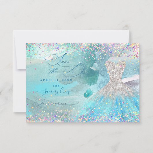 Quinceanera Save the Date Silver Aqua Blue Dress (Voorkant)
