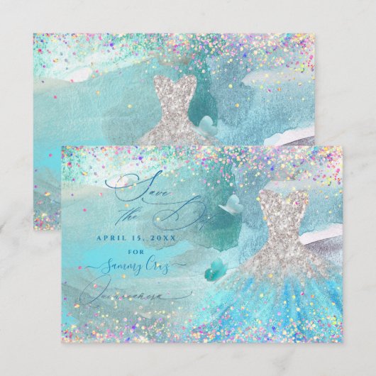 Quinceanera Save the Date Silver Aqua Blue Dress (Voorkant / Achterkant)