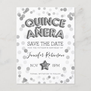 Quinceanera Save the Date Silver Balloons Glitter Aankondigingskaart