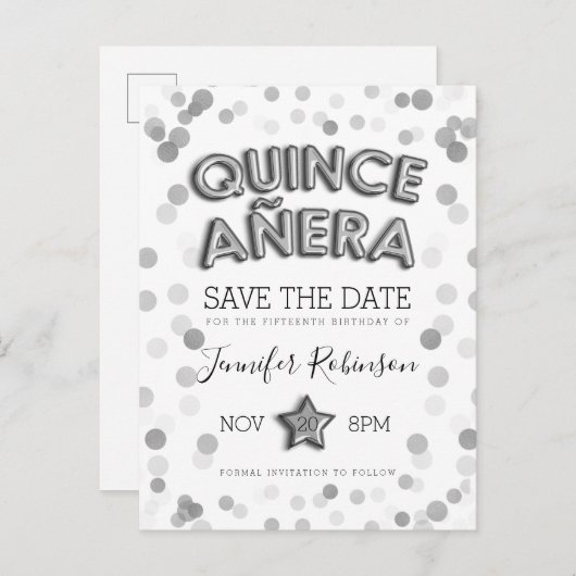 Quinceanera Save the Date Silver Balloons Glitter Aankondigingskaart (Voorkant / Achterkant)