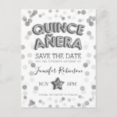 Quinceanera Save the Date Silver Balloons Glitter Aankondigingskaart (Voorkant)