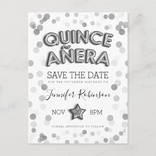 Quinceanera Save the Date Silver Balloons Glitter Aankondigingskaart (Voorkant)