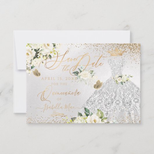 Quinceanera Save the Date Silver Faux Glitter Gown Kaart (Voorkant)