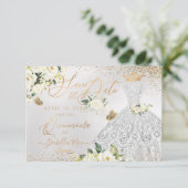 Quinceanera Save the Date Silver Faux Glitter Gown Kaart (Staand voorkant)