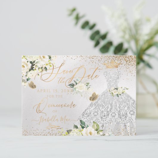 Quinceanera Save the Date Silver Faux Glitter Gown Kaart (Staand voorkant)