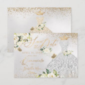 Quinceanera Save the Date Silver Faux Glitter Gown Kaart (Voorkant / Achterkant)
