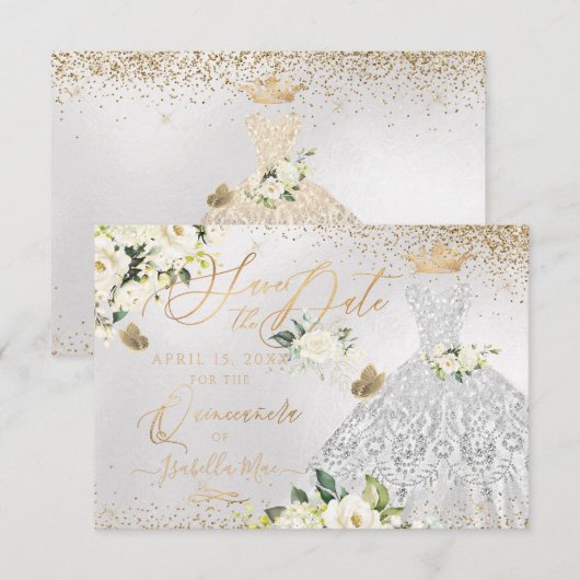 Quinceanera Save the Date Silver Faux Glitter Gown Kaart (Voorkant / Achterkant)