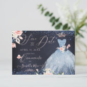 Quinceanera Save the Date Stoffige Blauwe Gown Kaart (Staand voorkant)
