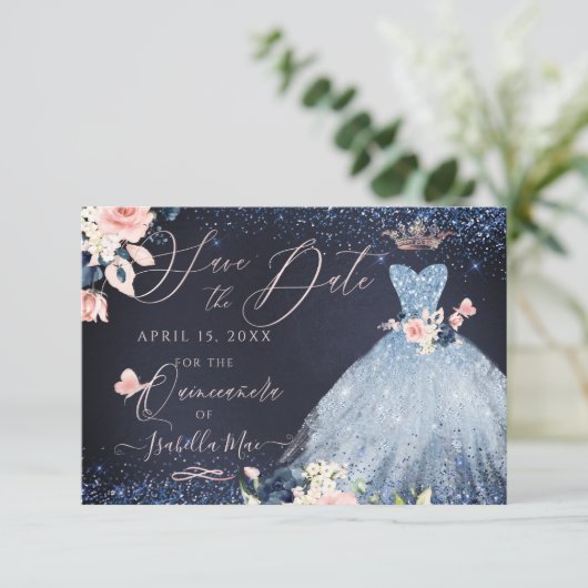 Quinceanera Save the Date Stoffige Blauwe Gown Kaart (Staand voorkant)