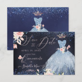 Quinceanera Save the Date Stoffige Blauwe Gown Kaart (Voorkant / Achterkant)