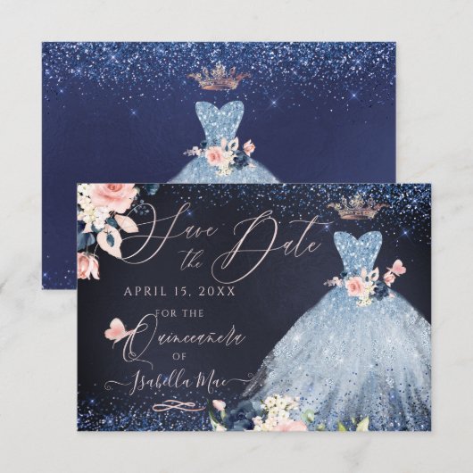 Quinceanera Save the Date Stoffige Blauwe Gown Kaart (Voorkant / Achterkant)