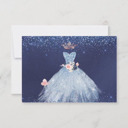 Quinceanera Save the Date Stoffige Blauwe Gown Kaart (Achterkant)