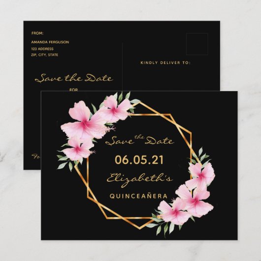 Quinceanera Save the Date tropical gold black chic Briefkaart (Voorkant / Achterkant)