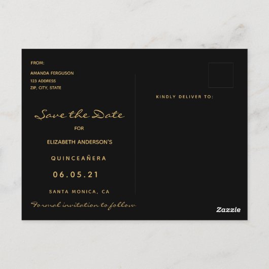 Quinceanera Save the Date tropical gold black chic Briefkaart (Achterkant)