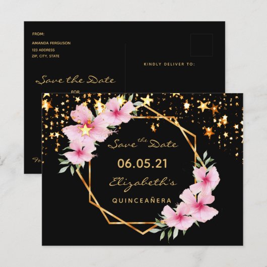 Quinceanera Save the Date tropical gold black star Briefkaart (Voorkant / Achterkant)
