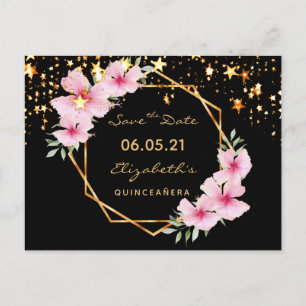 Quinceanera Save the Date tropical gold black star Briefkaart