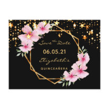 Quinceanera Save the Date tropical gold black star