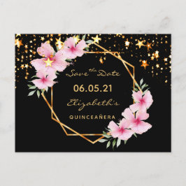 Quinceanera Save the Date tropical gold black star Briefkaart
