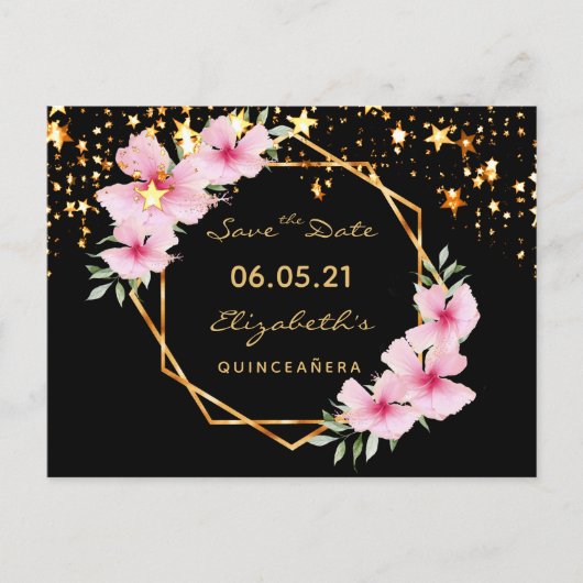 Quinceanera Save the Date tropical gold black star Briefkaart (Voorkant)