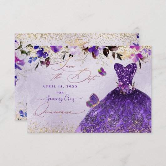 Quinceanera Save the Date Violet Paarse Dress (Voorkant / Achterkant)