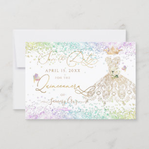 Quinceanera Save the Date White Gold Dress Invitat Kaart