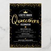 Quinceañera Script Princess Crown Black Real Gold Folie Uitnodiging (Voorkant)