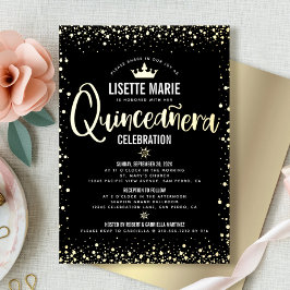 Quinceañera Script Princess Crown Black Real Gold Folie Uitnodiging