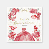 Quinceanera servetten Rode jurk Bloemen Gouden fol (Voorkant)