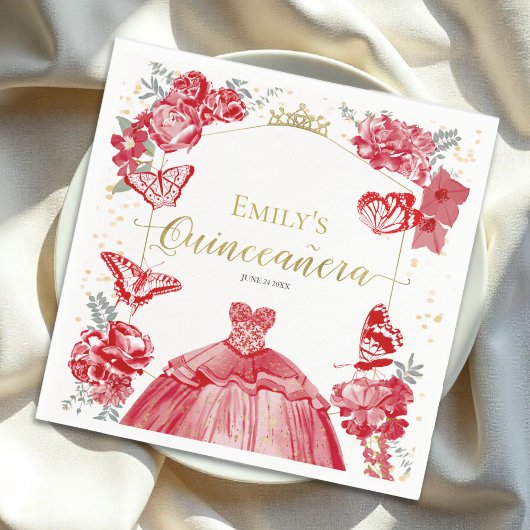 Quinceanera servetten Rode jurk Bloemen Gouden fol