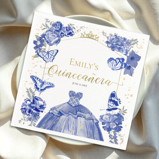 Quinceanera Servetten Royal Blue Dress Bloemen